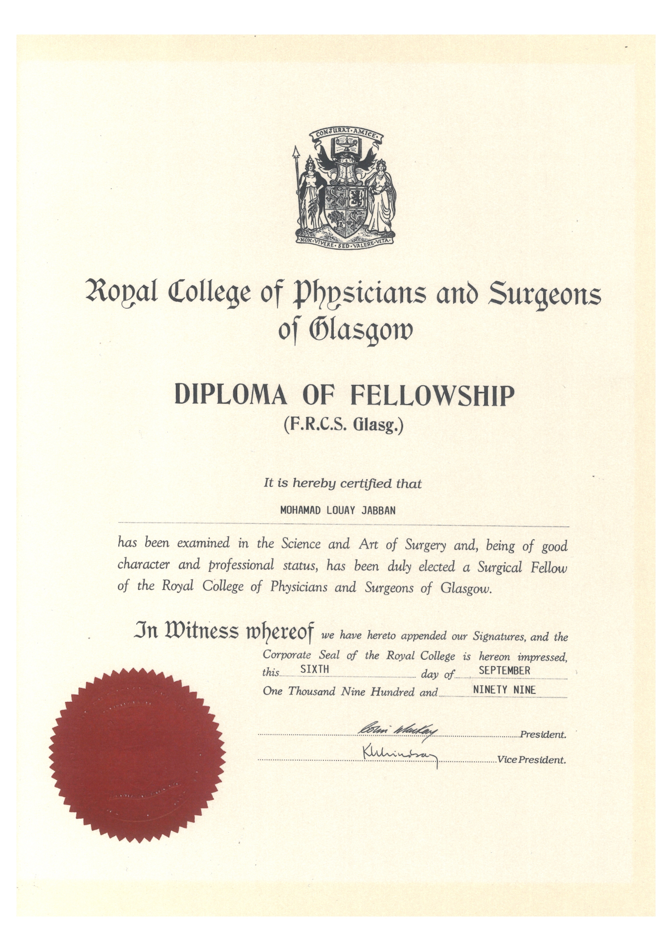 Diploma of Fellowship (F.R.C.S. Glasg.)