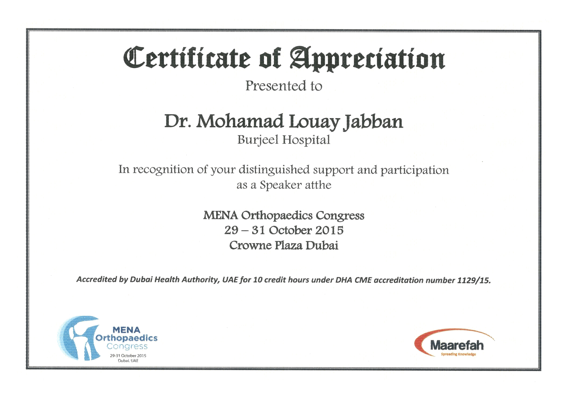 Certificate of Appreciation, MENA Orthopaedics Congress